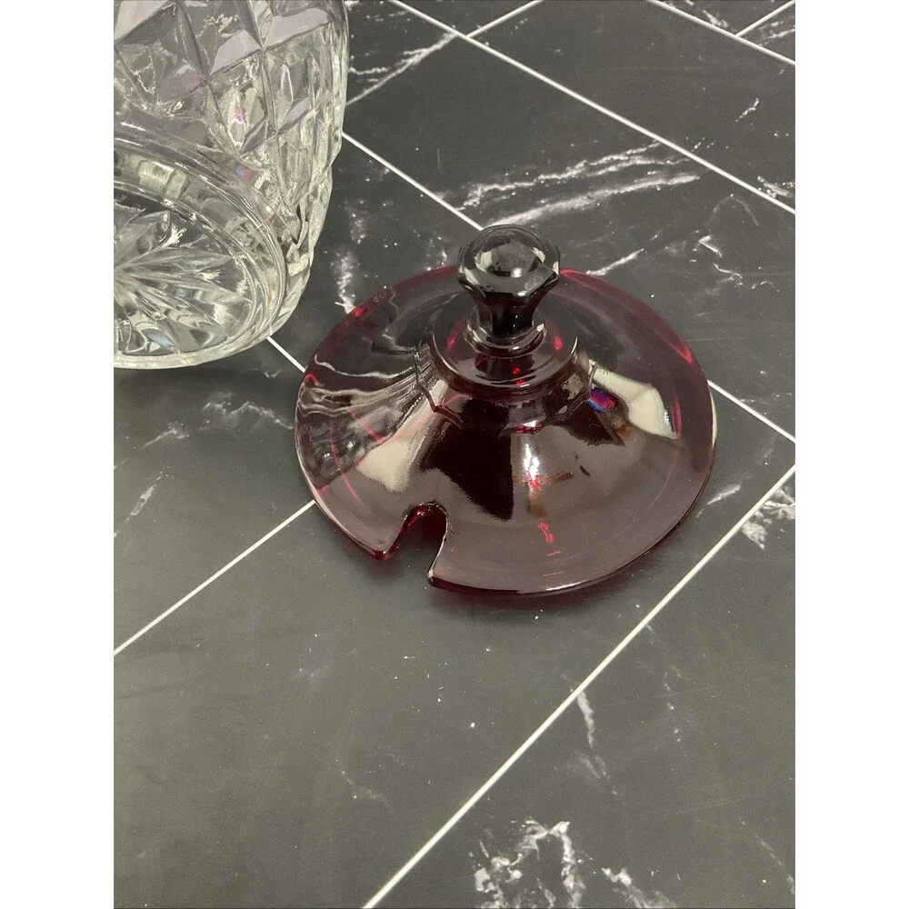ANCHOR HOCKING Marmalade Pineapple Prescut Crystal w/Royal Ruby Lid No Spoon Vtg